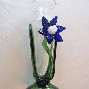 Blown Art Glass Vase Applied Daffodil Flower Green Leaves Stems Vintage 1980s